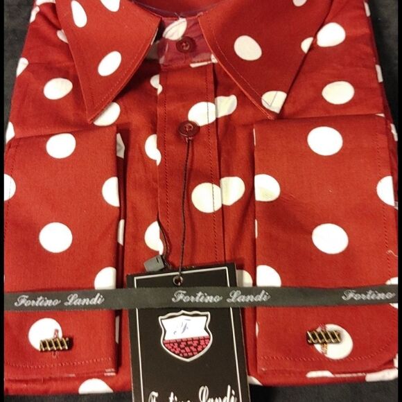 FORTINO LANDI RED/ WHITE POLKA DOT DRESS SHIRT. - Picture 5 of 5